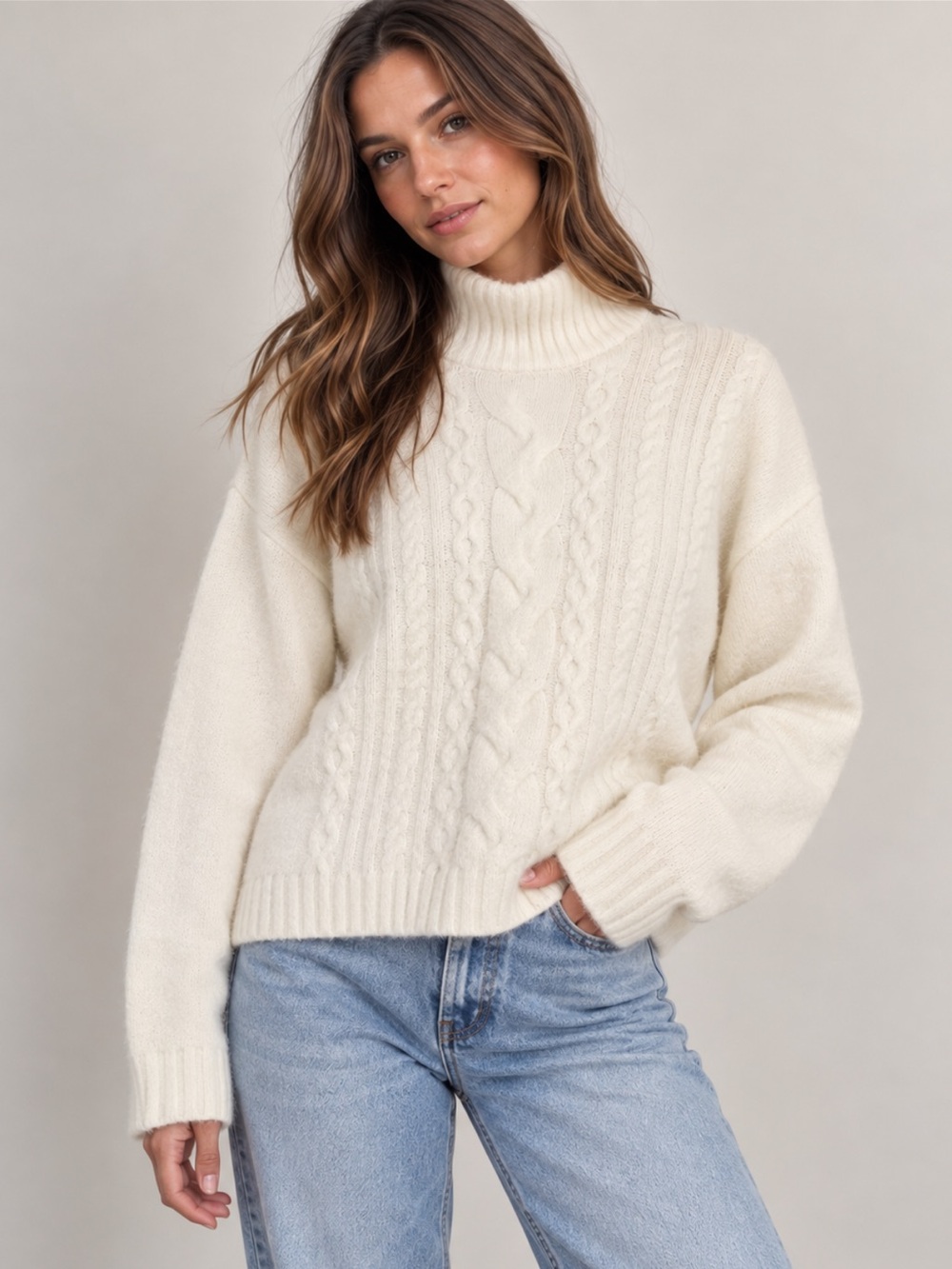 Gap Ivory Cable Knit Turtleneck Sweater Size L Cozy Oversized Fisherman Knit